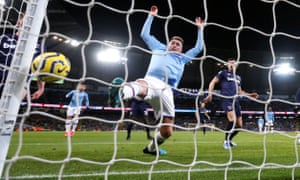 Manchester City’s Aymeric Laporte stretches to toe Rodri’s header in, but the Spaniard’s effort didn’t need any help as it went in off the post.