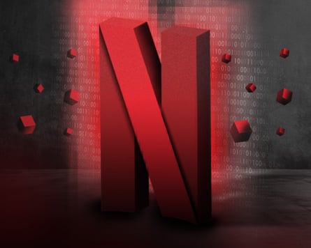 A composite of a large red N banging against a matrix-style algorithm screen, with red rocks falling