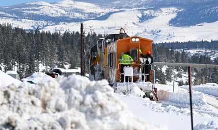 A railroad in Truckee, California piled with snow.
