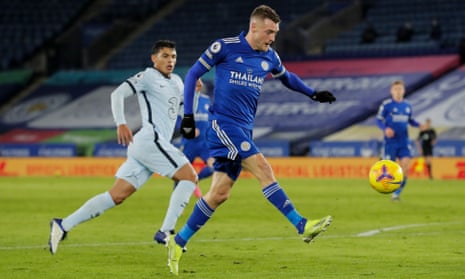 Jamie Vardy of Leicester City has a shot at goal.
