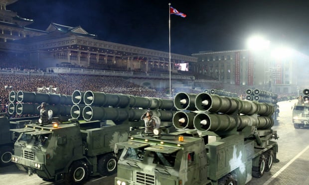 A picture issued by the Korean Central News Agency (KCNA), said to show North Korean rocket launcher vehicles at a military parade in Kim Il Sung Square, Pyongyang, on 25 April. 