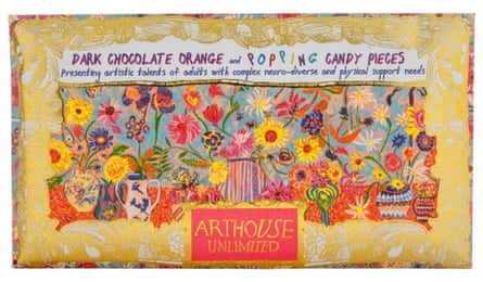 Floral-illustrated chocolate bar wrapper with gold borders, by adults with complex support needs
