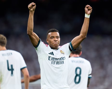 Kylian Mbappe celebrates after giving Real Madrid the lead against Inter.