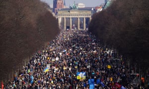 Protesters demonstrate in support of Ukraine in front of the Brandenburg Gate in Berlin on 13 March.