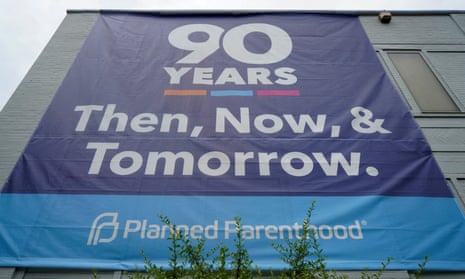 A “90 years of service” poster hangs on the side of a Planned Parenthood office, this one in Missouri, not Montana.