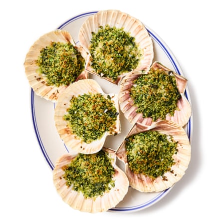 Felicity Cloake’s scallop St Jacques stage 9. grill the scallops in their shell and serve.