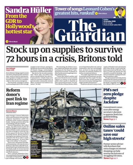 Front page of the Guardian newspaper 23 October 2026