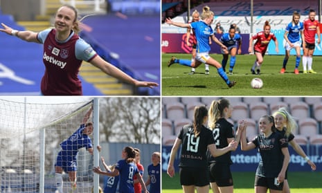 Clockwise from top left: Martha Thomas of West Ham; Brighton’s Inessa Kaagman scores a penalty; Caroline Weir celebrates her goal against Tottenham; Sam Kerr after scoring for Chelsea.