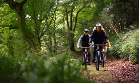 E-biking in woods; Gwaun valley.