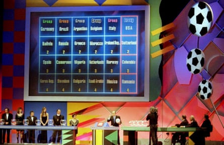 Sepp Blatter, at the time Fifa’s secretary general, stands below the board showing the group breakdowns after the 1994 World Cup final draw in Las Vegas in December 1993.