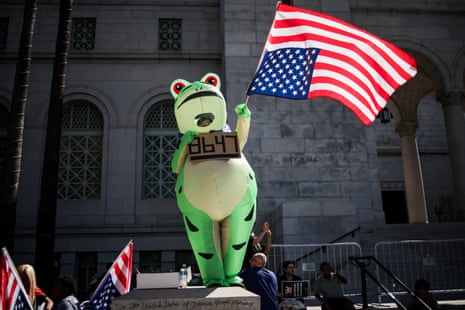 A protester wearing an inflatable frog costume in Los Angeles, California