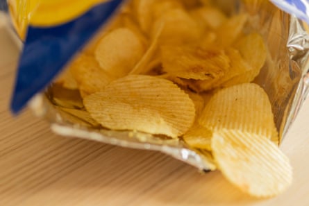 Bag of chips on a table.