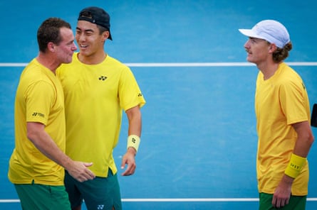 Rinky Hijikata and Max Purcell with Australia’s coach Lleyton Hewitt after their win