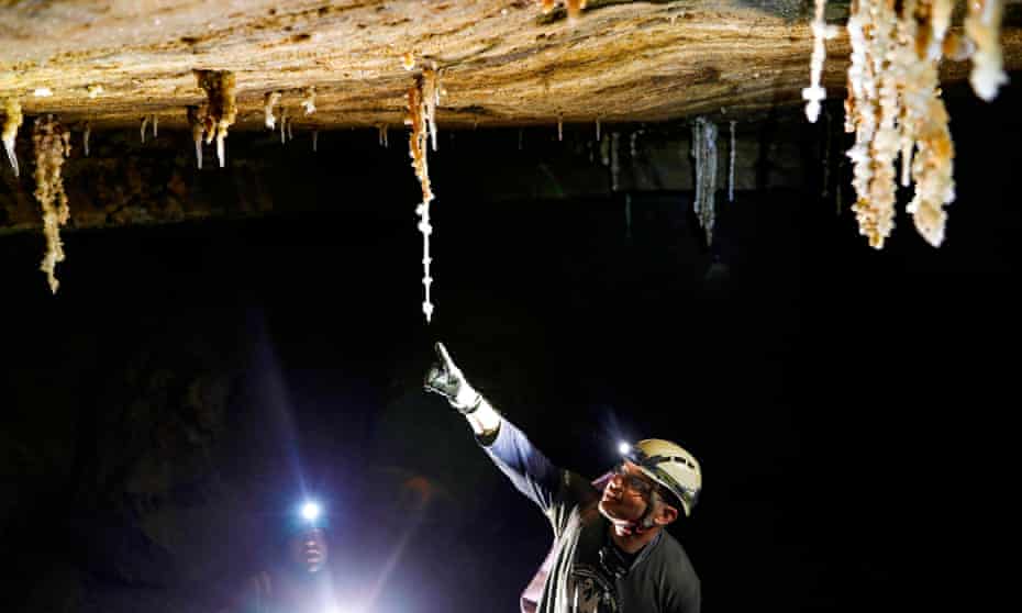 Yoav Negev, chairman of the Israel Cave Explorers Club and project leader of the Malham Cave Mapping Expedition, points to salt stalactites in the Malham cave.