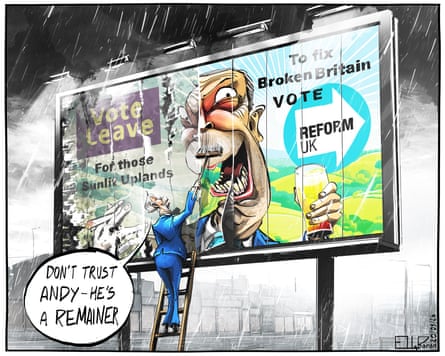 Nigel Farage depicted pasting a Reform UK billboard poster over an old Vote Leave one