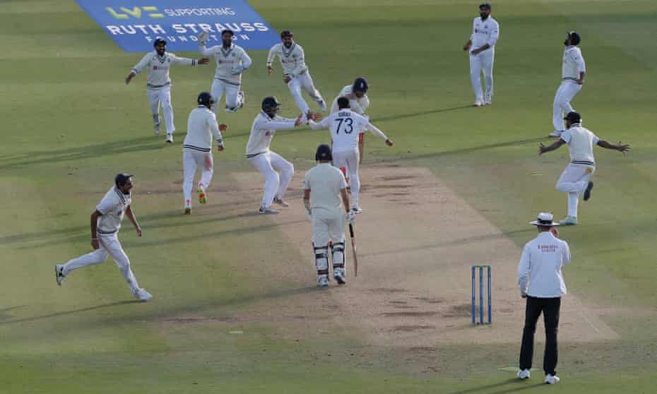 Mohammed Siraj is mobbed by his India teammates after bowling Jimmy Anderson to seal victory in the second Test.