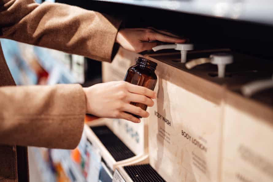 Refilling containers with products such as body wash helps cut down on waste