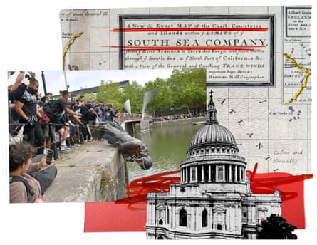 From left: the statue of Edward Colston was thrown into Bristol harbour in 2020; a map from the South Sea Company which trafficked about 34,000 enslaved Africans; St Paul’s Cathedral.