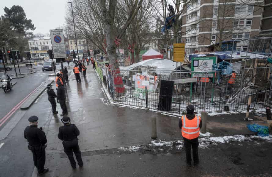 Highbury corner, where the protest is closed off by police and contractors.