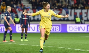Chelsea’s Maren Mjelde celebrates her late goal against Paris-Saint Germain.