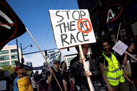 Protesters in San Francisco call on AI companies to pause development.