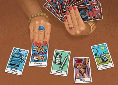 An illustration of hands holding and laying out tarot cards