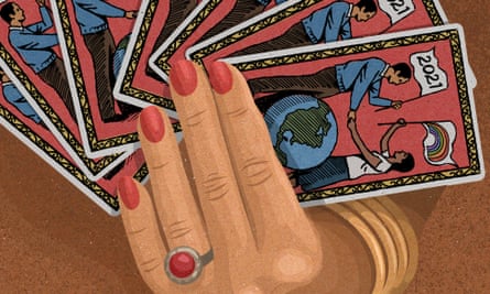 Illustration of a hand holding tarot cards