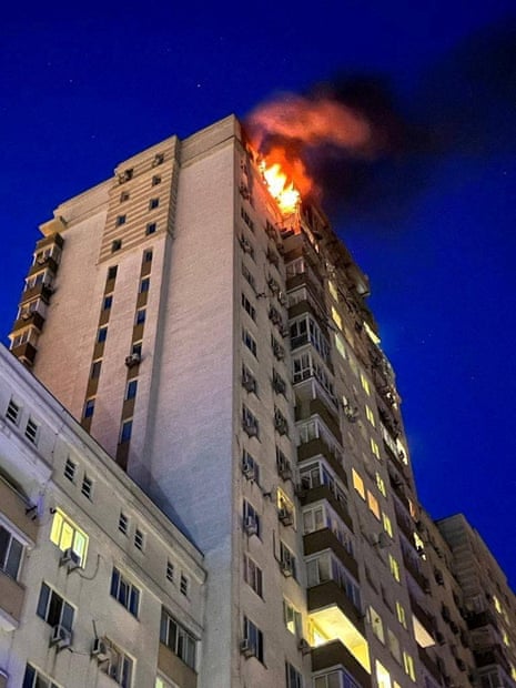 Residents were evacuated from a multi-storey residential building in Holosiivskyi district, Kyiv Mayor Vitali Klitschko said, after falling debris from drone strikes caused a fire.