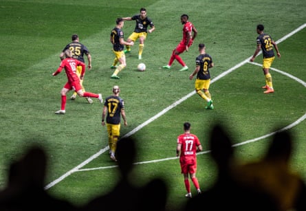 Christopher Nkunku of Leipzig slips the ball through to Emil Forsberg during the dominant 3-0 win against Dortmund.
