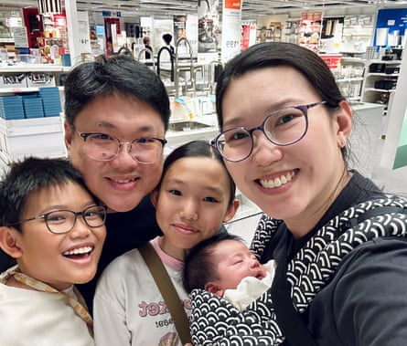 Shu Rong Teo and husband Desmond Chow with children (L to R) Tristan, Beatrice and baby Alistair.