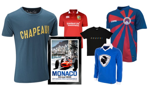 From left: Chapeau cycling shirt; Monaco poster; Replica Lions shirt; Cruyff turn T-shirt; Bastia T-shirt; Tibet replica shirt.