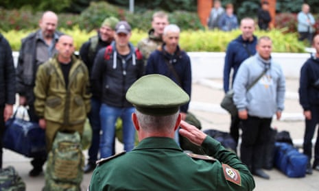 A Russian serviceman addresses reservists in the town of Volzhsky, in the Volgograd region.