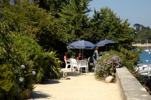 Tables at Cafe de la Cale next to Odet river, Sainte-Marine, Finistere, Brittany