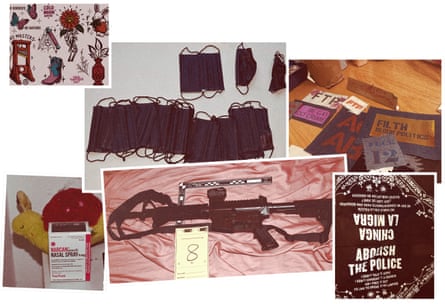 Photos entered as evidence during the Prairieland’s trial showing various items, such as guns, Narcan, protective masks, decals, among others.