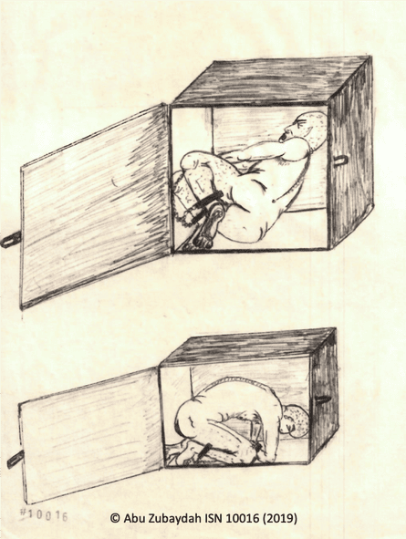 In this drawing, Zubaydah depicts himself being trapped in a tiny cubical box in 2002 with his hands and feet chained.