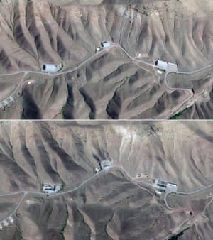 Two views of arid same area with buildings. In second view buildings look squashed