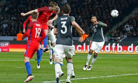 Eric Dier leaps to score the winning goal for England against Germany in the friendly at the Olympiastadion in Berlin.