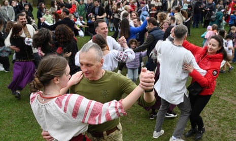 People dance during the Orthodox Easter celebrations in the western Ukrainian city of Lviv.