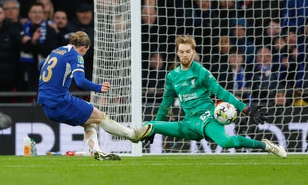 Conor Gallagher has his shot saved by Caoimhin Kelleher