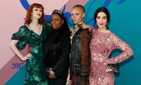 Pat McGrath second from the left, with models Karen Elson, Adwoa Aboah, and actor Sophie Flicker at a gathering in New York.