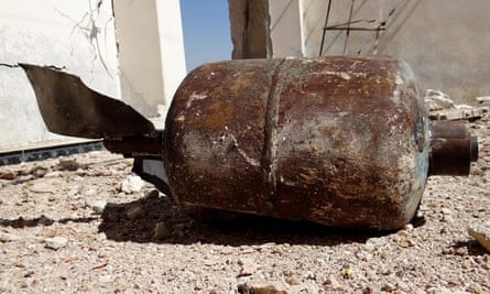 A photograph, supplied by Daraya civil defense of an unexploded gas cylinder which is claimed to contain napalm gel