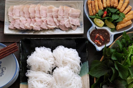 Delicious Vietnamese food, bun dau mam tom, popular street food from vermicelli with boiled meat, fried tofu, shrimp paste, green vegetables, cucumber