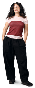 A woman with a maroon and pink T-shirt and black trousers