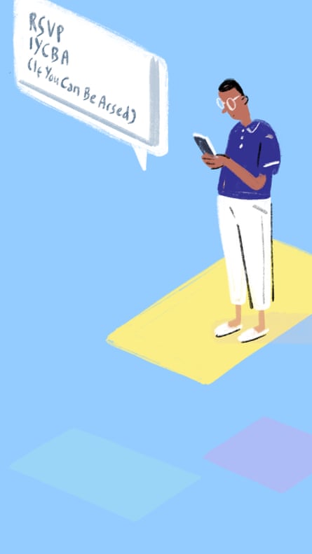 Illustration of man looking at text that reads “RSVP IYCBA (If you can be arsed)“