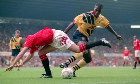 Kevin Campbell of Arsenal, right, getting the better of Lee Sharpe of Manchester United in 1993.