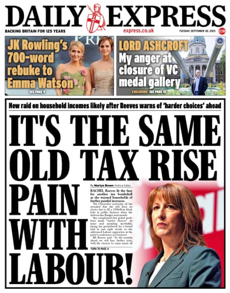 The front page of the Daily Express with a headline reading ‘It’s the same old tax rise pain with Labour’