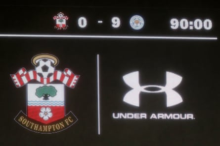 The big screen shows the 9-0 scoreline after the match between Southampton and Leicester at St Mary’s.