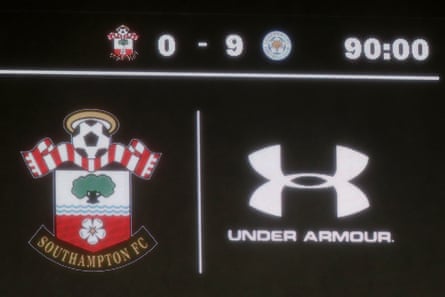 The scoreboard showing Southampton 0-9 Leicester in 2019