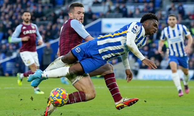 Aston Villa’s John McGinn (left) challenges Brighton and Hove Albion’s Tariq Lamptey during the Premier League match at the AMEX Stadium, Brighton.