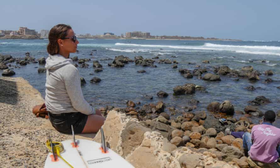 Spanish surfer Ariane Ochoa watches the men’s heats in the Senegal Pro